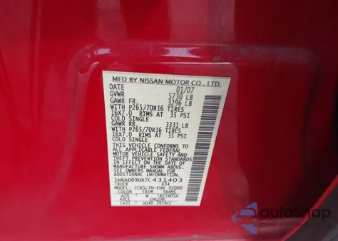 2007 Nissan Frontier Se from USA, damaged, VIN 1N6AD09UX7C431403